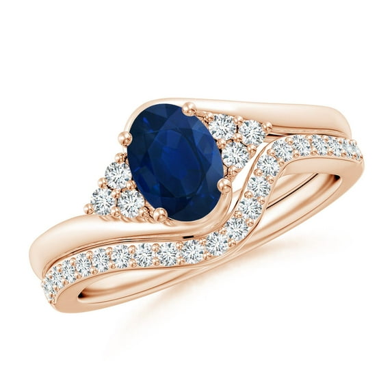 ANGARA Natural Oval Blue Sapphire Bypass Bridal Set with Diamonds in 14K Rose Gold for Women (Size-7x5mm) | September Birthstone, Anniversary, Jewelry Gift for Women | Natural Blue Sapphire Ring
