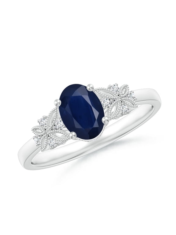 Natural Vintage Style Oval Sapphire Ring with Diamonds in 14K White Gold for Women (Size-7x5mm) | September Birthstone, Anniversary, Jewelry Gift for Women | Natural Blue Sapphire Ring