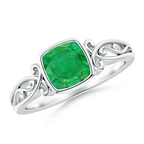 ANGARA Natural Vintage Style Cushion Emerald Solitaire Engagement Ring in 14K White Gold for Women (Size-6mm) | May Birthstone, Birthday, Anniversary, Jewelry Gift for Women | Natural Emerald Ring