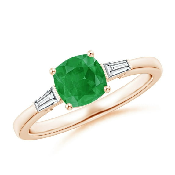ANGARA Natural Cushion Emerald Engagement Ring with Bar-Set Tapered Baguette Diamonds in 14K Rose Gold for Women (Size-6mm) | May Birthstone, Anniversary Jewelry Gift for Women | Natural Emerald Ring
