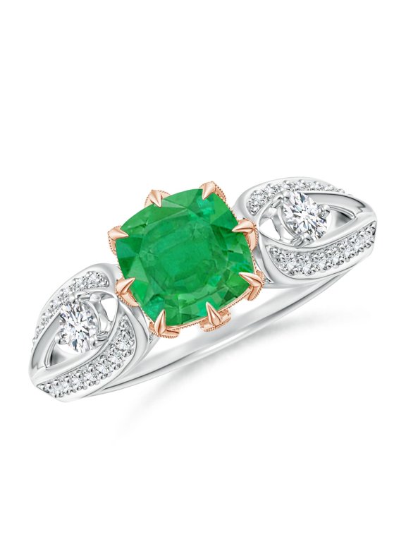Natural Vintage Inspired Cushion Emerald Split Shank Ring in 14K White & Rose Gold for Women (Size-6mm) | May Birthstone, Birthday, Anniversary, Jewelry Gift for Women | Natural Emerald Ring