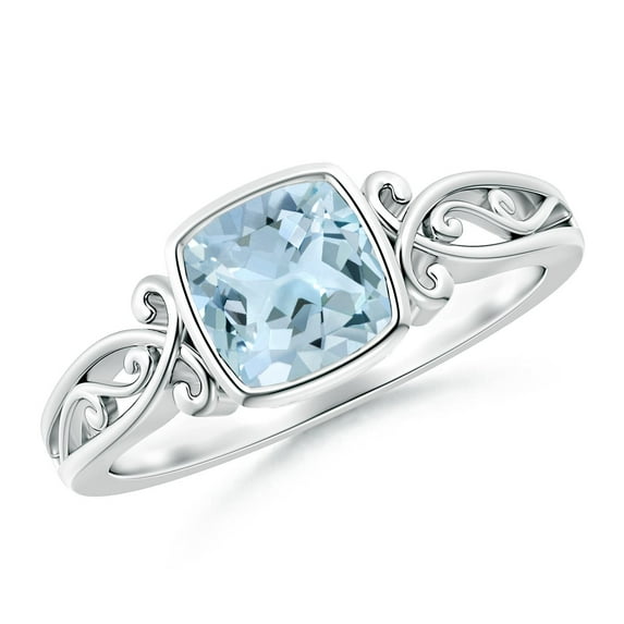 ANGARA Natural Vintage Style Cushion Aquamarine Solitaire Engagement Ring in 14K White Gold for Women (Size-6mm) | March Birthstone, Anniversary, Jewelry Gift for Women | Natural Aquamarine Ring
