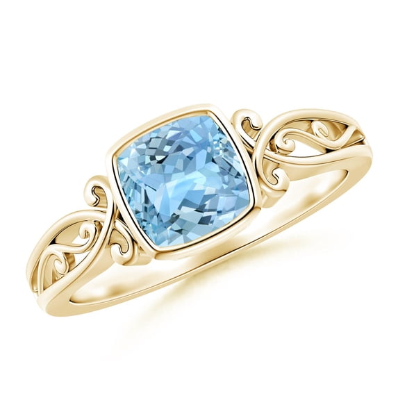 ANGARA Natural Vintage Style Cushion Aquamarine Solitaire Engagement Ring in 14K Yellow Gold for Women (Size-6mm) | March Birthstone, Anniversary, Jewelry Gift for Women | Natural Aquamarine Ring
