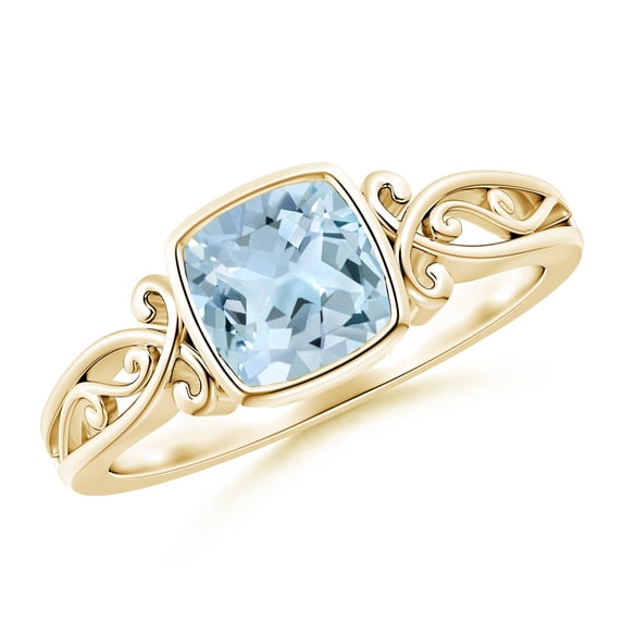 ANGARA Natural Vintage Style Cushion Aquamarine Solitaire Engagement Ring in 14K Yellow Gold for Women (Size-6mm) | March Birthstone, Anniversary, Jewelry Gift for Women | Natural Aquamarine Ring