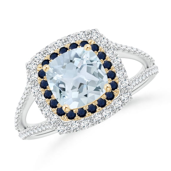 ANGARA Natural Cushion Aquamarine Double Split Shank Two Tone Ring in 14K White & Yellow Gold for Women (Size-6mm) | March Birthstone, Anniversary, Jewelry Gift for Women | Natural Aquamarine Ring