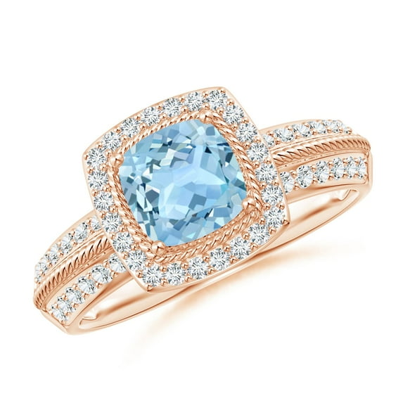 ANGARA Natural Twisted Rope Cushion Aquamarine Halo Ring in 14K Rose Gold for Women (Size-6mm) | March Birthstone, Birthday, Anniversary, Jewelry Gift for Women | Natural Aquamarine Ring