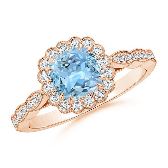 ANGARA Natural Cushion Aquamarine Ring with Floral Halo in 14K Rose Gold for Women (Size-6mm) | March Birthstone, Birthday, Anniversary, Jewelry Gift for Women | Natural Aquamarine Ring