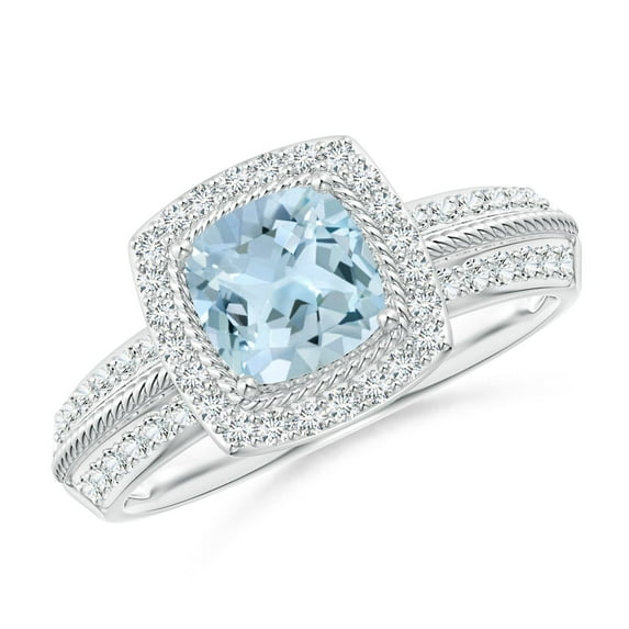 ANGARA Natural Twisted Rope Cushion Aquamarine Halo Ring in 14K White Gold for Women (Size-6mm) | March Birthstone, Birthday, Anniversary, Jewelry Gift for Women | Natural Aquamarine Ring
