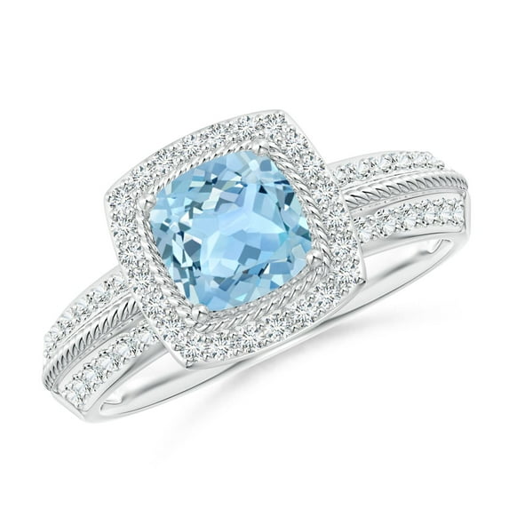 Angara Natural 0.88 Ct. Aquamarine with Diamond Halo Ring in 14K White Gold for Women (Ring Size: 9.5)