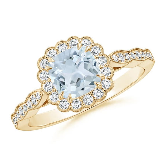 Angara Natural 0.88 Ct. Aquamarine with Diamond Halo Ring in 14K Yellow Gold for Women (Ring Size: 3)
