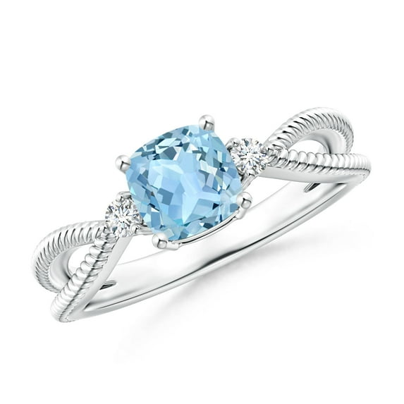 ANGARA Natural Cushion Aquamarine Split Shank Ring with Rope Detailing in 14K White Gold for Women (Size-6mm) | March Birthstone, Anniversary, Jewelry Gift for Women | Natural Aquamarine Ring