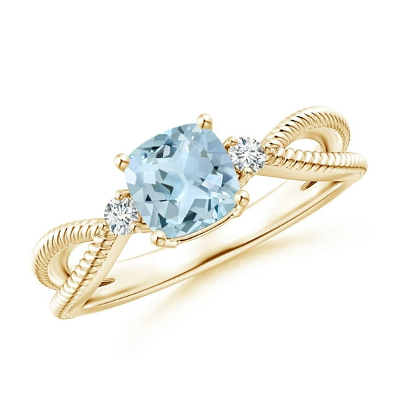 ANGARA Natural Cushion Aquamarine Split Shank Ring with Rope Detailing in 14K Yellow Gold for Women (Size-6mm) | March Birthstone, Anniversary, Jewelry Gift for Women | Natural Aquamarine Ring