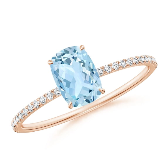 ANGARA Natural Thin Shank Cushion Cut Aquamarine Engagement Ring with Diamonds in 14K Rose Gold for Women (Size-7x5mm) | March Birthstone, Anniversary Jewelry Gift for Women | Natural Aquamarine Ring