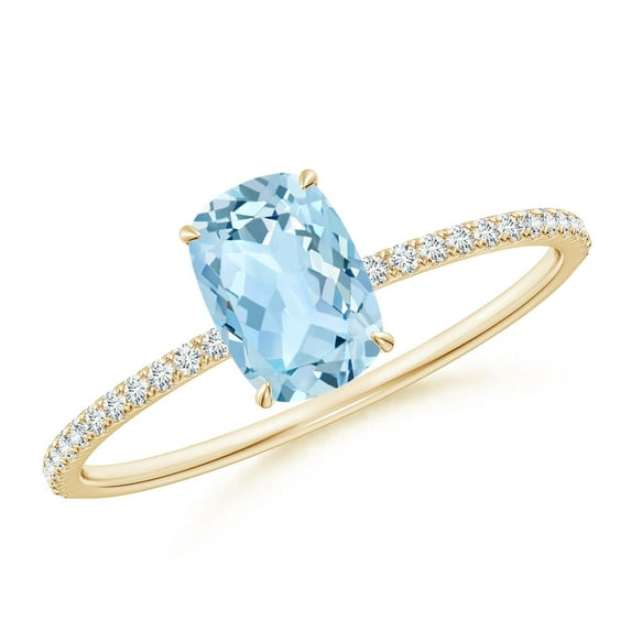 ANGARA Natural Cushion Cut Aquamarine Engagement Ring with Diamonds in 14K Yellow Gold for Women (Size-7x5mm) | March Birthstone, Anniversary, Jewelry Gift for Women | Natural Aquamarine Ring