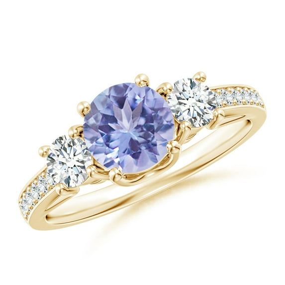 ANGARA Natural Prong Set Tanzanite and Diamond Three Stone Engagement Ring in 14K Yellow Gold for Women (Size-6mm) | December Birthstone, Anniversary, Jewelry Gift for Women | Natural Tanzanite Ring