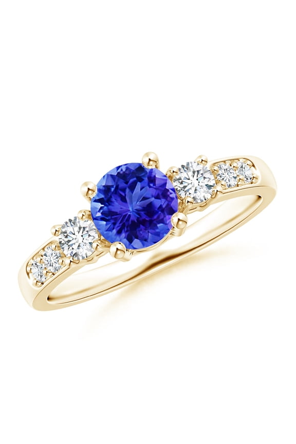 Natural Three Stone Tanzanite and Diamond Ring in 14K Yellow Gold for Women (Size-6mm) | December Birthstone, Birthday, Anniversary, Jewelry Gift for Women | Natural Tanzanite Ring