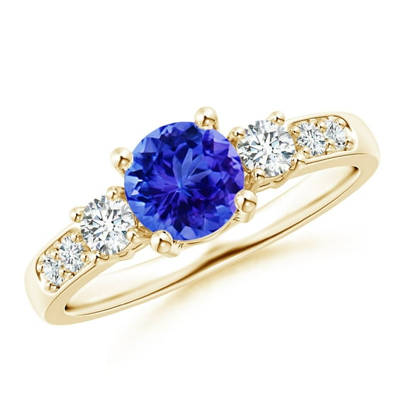 ANGARA Natural Three Stone Tanzanite and Diamond Ring in 14K Yellow Gold for Women (Size-6mm) | December Birthstone, Birthday, Anniversary, Jewelry Gift for Women | Natural Tanzanite Ring