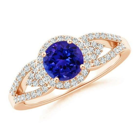 ANGARA Natural Split Shank Round Tanzanite Halo Ring with Cluster Diamonds in 14K Rose Gold for Women (Size-6mm) | December Birthstone, Anniversary, Jewelry Gift for Women | Natural Tanzanite Ring
