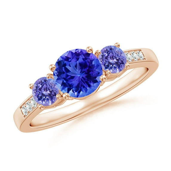 ANGARA Natural Three Stone Round Tanzanite Ring with Diamond Accents in 14K Rose Gold for Women (Size-6mm) | December Birthstone, Anniversary, Jewelry Gift for Women | Natural Tanzanite Ring