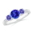 thumbnail image 1 of ANGARA Natural Three Stone Round Tanzanite Ring with Diamond Accents in 14K White Gold for Women (Size-6mm) | December Birthstone, Anniversary, Jewelry Gift for Women | Natural Tanzanite Ring, 1 of 9