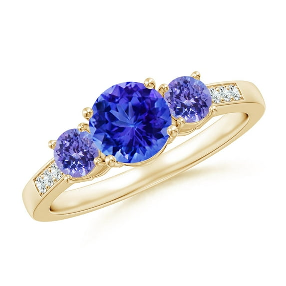 ANGARA Natural Three Stone Round Tanzanite Ring with Diamond Accents in 14K Yellow Gold for Women (Size-6mm) | December Birthstone, Anniversary, Jewelry Gift for Women | Natural Tanzanite Ring