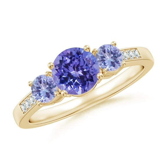 ANGARA Natural Three Stone Round Tanzanite Ring with Diamond Accents in 14K Yellow Gold for Women (Size-6mm) | December Birthstone, Anniversary, Jewelry Gift for Women | Natural Tanzanite Ring
