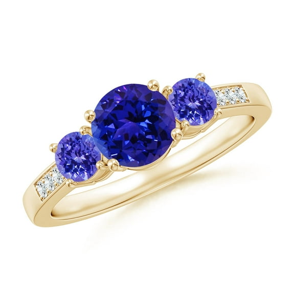 ANGARA Natural Three Stone Round Tanzanite Ring with Diamond Accents in 14K Yellow Gold for Women (Size-6mm) | December Birthstone, Anniversary, Jewelry Gift for Women | Natural Tanzanite Ring