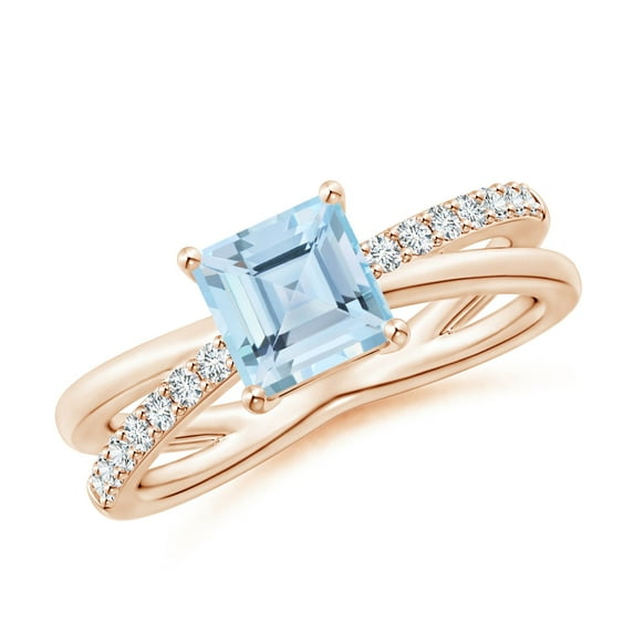 ANGARA Natural Square Aquamarine Crossover Shank Ring with Diamonds in 14K Rose Gold for Women (Size-6mm) | March Birthstone, Birthday, Anniversary, Jewelry Gift for Women | Natural Aquamarine Ring