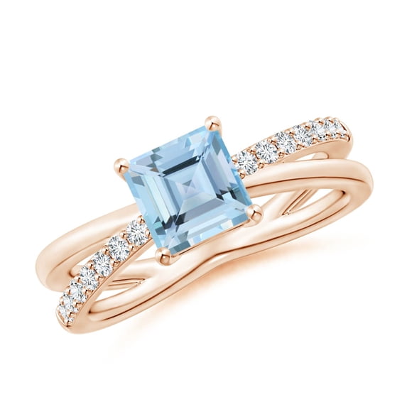 ANGARA Natural Square Aquamarine Crossover Shank Ring with Diamonds in 14K Rose Gold for Women (Size-6mm) | March Birthstone, Birthday, Anniversary, Jewelry Gift for Women | Natural Aquamarine Ring