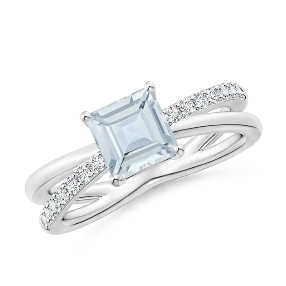 ANGARA Natural Square Aquamarine Crossover Shank Ring with Diamonds in 14K White Gold for Women (Size-6mm) | March Birthstone, Birthday, Anniversary, Jewelry Gift for Women | Natural Aquamarine Ring