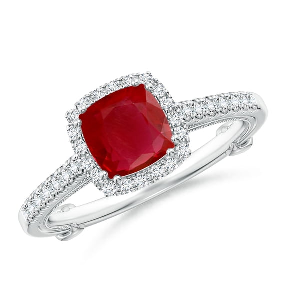 ANGARA Natural Vintage Inspired Ruby & Diamond Halo Ring with Filigree in 14K White Gold for Women (Size-6mm) | July Birthstone, Birthday, Anniversary, Jewelry Gift for Women | Natural Ruby Ring
