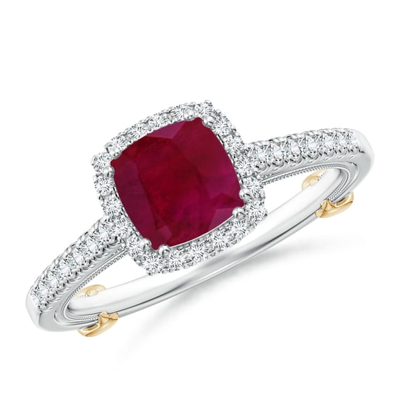 ANGARA Natural Vintage Inspired Ruby & Diamond Halo Ring with Filigree in 14K White & Yellow Gold for Women (Size-6mm) | July Birthstone, Anniversary, Jewelry Gift for Women | Natural Ruby Ring