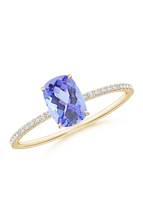 Natural Thin Shank Cushion Cut Tanzanite Ring With Diamond Accents in 14K Yellow Gold for Women (Size-7x5mm) | December Birthstone, Anniversary, Jewelry Gift for Women | Natural Tanzanite Ring