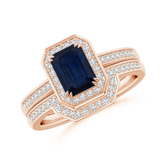 ANGARA Natural 1.05 Ct Emerald-Cut Sapphire Bridal Set with Diamond Accents in 14K Rose Gold for Women (Size-7x5mm) | September Birthstone, Anniversary, Jewelry Gift for Women | Natural Sapphire Ring