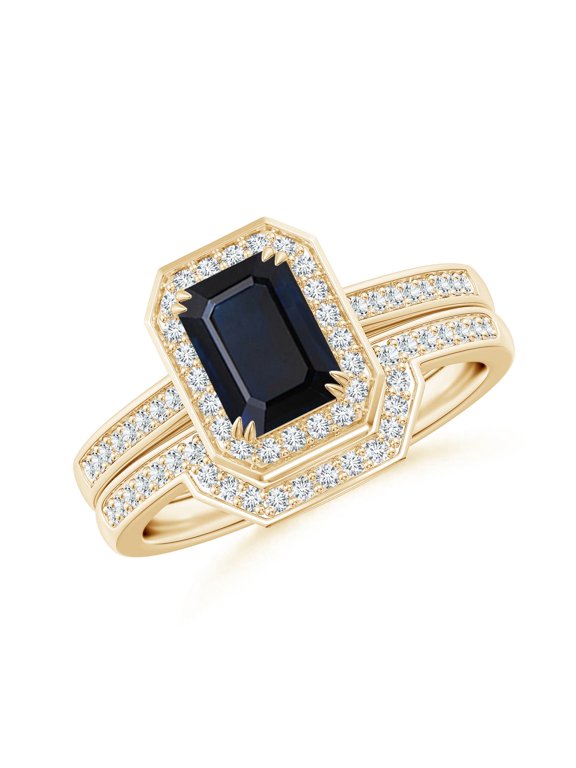 Natural 1.05 Ct Sapphire Bridal Set with Diamond Accents in 14K Yellow Gold for Women (Size-7x5mm) | September Birthstone, Anniversary, Jewelry Gift for Women | Natural Sapphire Ring