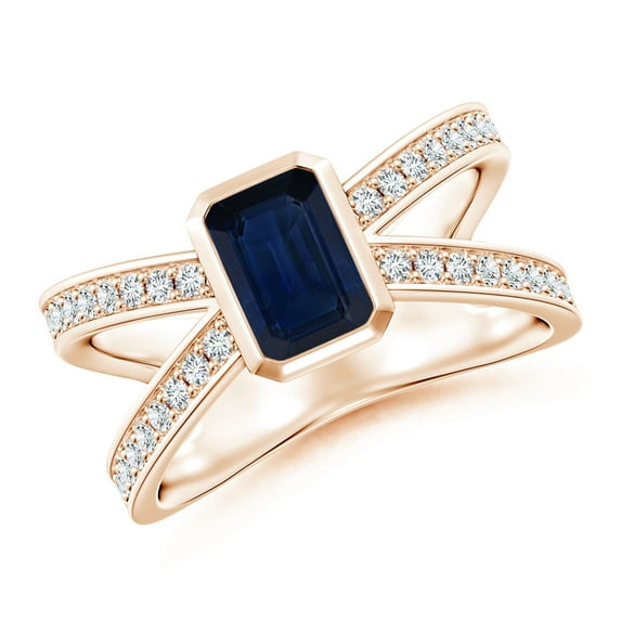 ANGARA Natural Emerald-Cut 1.05 ct Blue Sapphire Criss Cross Solitaire Ring in 14K Rose Gold for Women (Size-7x5mm) | September Birthstone, Anniversary, Jewelry Gift for Women | Natural Sapphire Ring