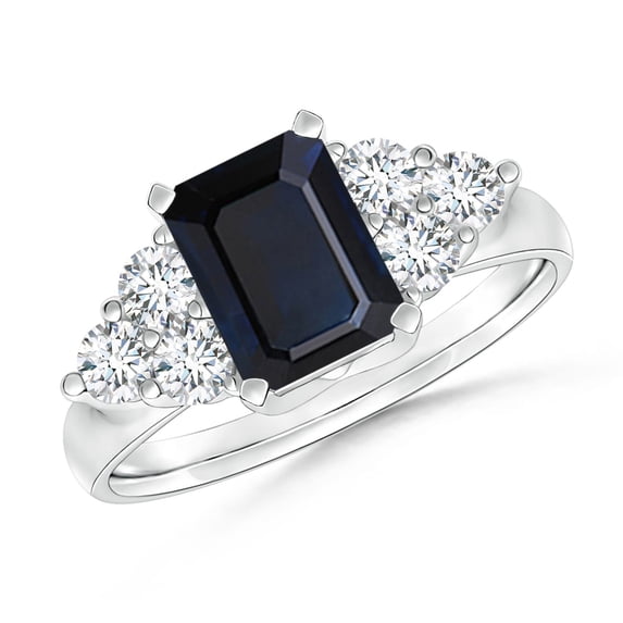 ANGARA Natural Emerald-Cut 1.05 ct Blue Sapphire Ring with Trio Diamonds in 14K White Gold for Women (Size-7x5mm) | September Birthstone, Anniversary, Jewelry Gift for Women | Natural Sapphire Ring