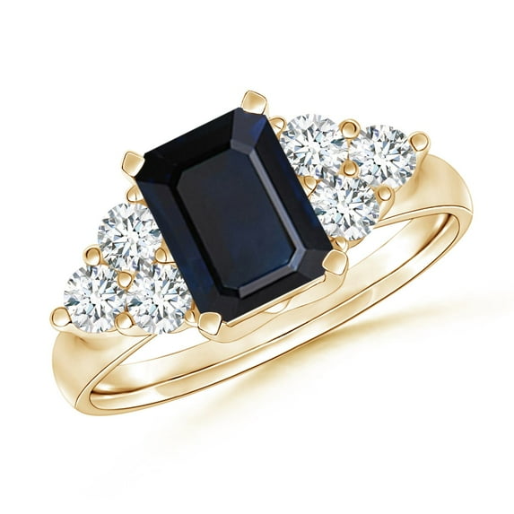 ANGARA Natural Emerald-Cut 1.05 ct Blue Sapphire Ring with Trio Diamonds in 14K Yellow Gold for Women (Size-7x5mm) | September Birthstone, Anniversary, Jewelry Gift for Women | Natural Sapphire Ring