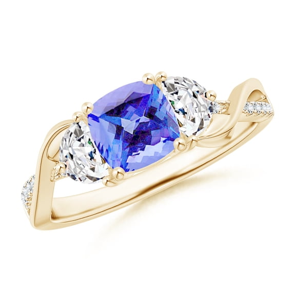ANGARA Natural Cushion 1.05 ct Tanzanite and Half Moon Diamond Leaf Ring in 14K Yellow Gold for Women (Size-6mm) | December Birthstone, Anniversary, Jewelry Gift for Women | Natural Tanzanite Ring