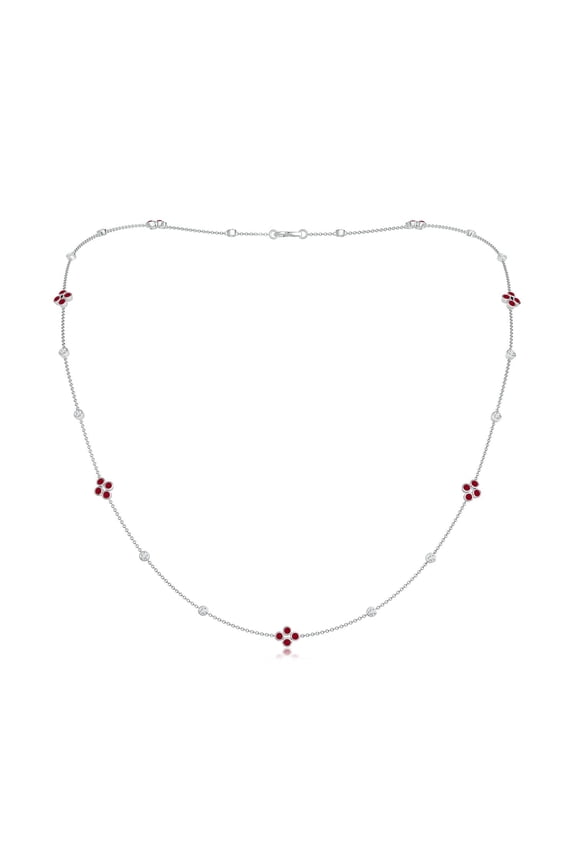 Natural Bezel-Set Round 1.06 ct Ruby and Diamond Long Station Necklace in 14K White Gold for Women (Size-1.8mm) | July Birthstone, Anniversary, Jewelry Gift for Women | Natural Ruby Necklace