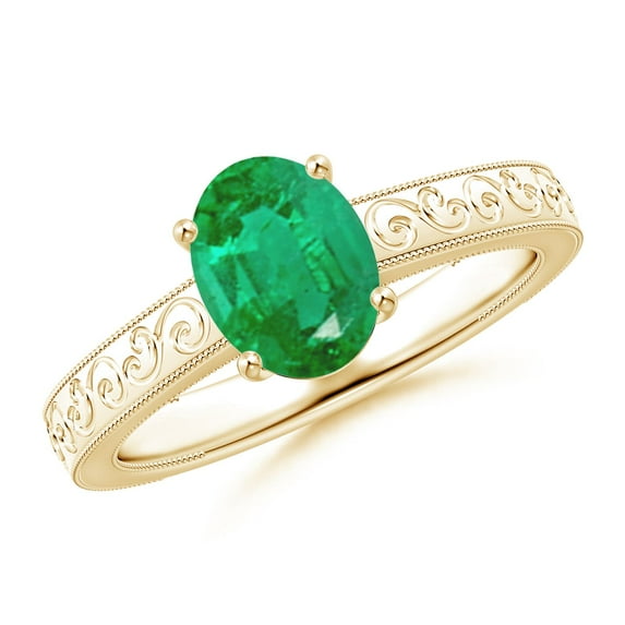 ANGARA Natural Vintage Inspired Oval 1.1 ct Emerald Ring with Engraved Shank in 14K Yellow Gold for Women (Size-8x6mm) | May Birthstone, Anniversary, Jewelry Gift for Women | Natural Emerald Ring