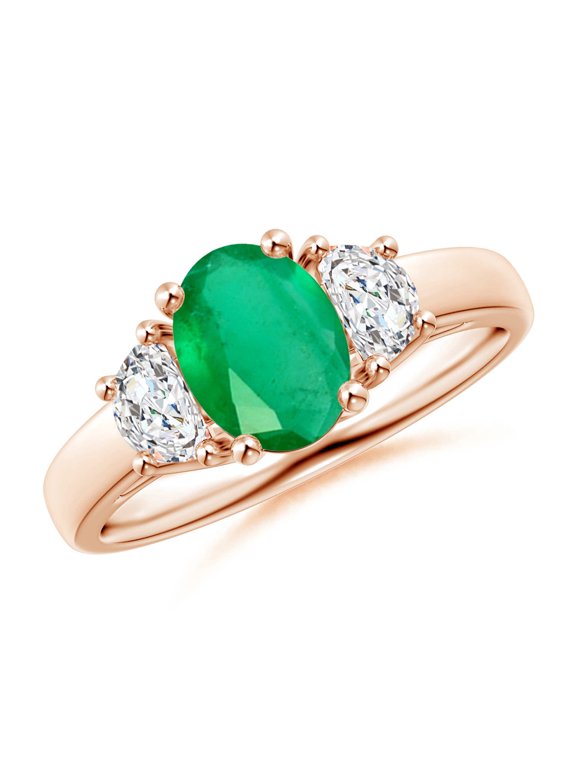 Natural Three Stone Oval 1.1 ct Emerald and Half Moon Diamond Ring in 14K Rose Gold for Women (Size-8x6mm) | May Birthstone, Anniversary, Jewelry Gift for Women | Natural Emerald Ring