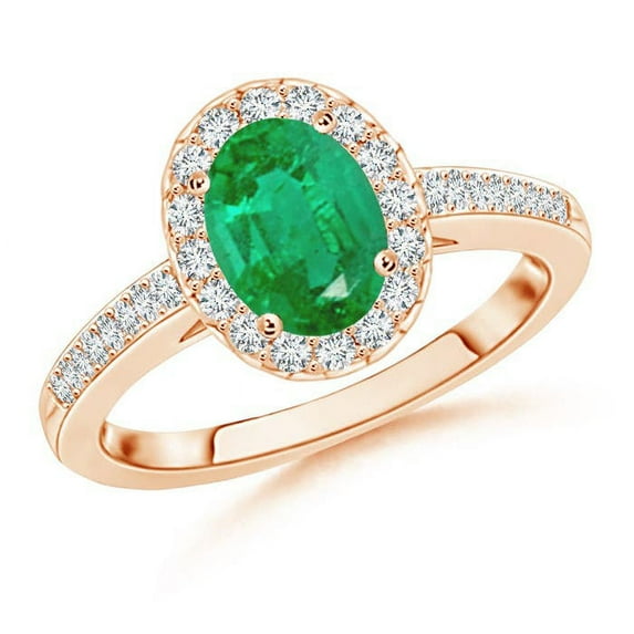 Angara Natural 1.1 Ct. Emerald with Diamond Halo Ring in 14K Rose Gold for Women (Ring Size: 12)
