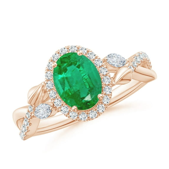 ANGARA Natural Oval 1.1 ct Emerald Twisted Vine Ring with Diamond Halo in 14K Rose Gold for Women (Size-8x6mm) | May Birthstone, Birthday, Anniversary, Jewelry Gift for Women | Natural Emerald Ring