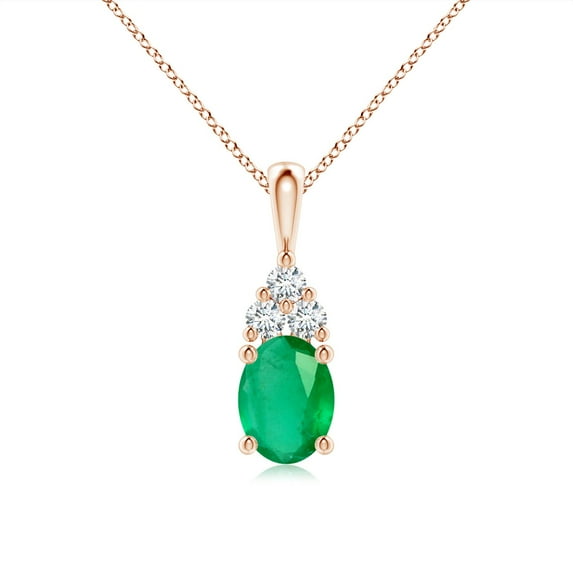 ANGARA Natural Oval 1.1 ct Emerald Solitaire Pendant with Trio Diamond in 14K Rose Gold for Women (Size-8x6mm) | May Birthstone, Anniversary, Jewelry Gift for Women | Natural Emerald Necklace