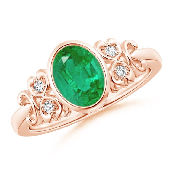 ANGARA Natural Vintage Style Bezel-Set Oval 1.1 ct Emerald Ring with Diamonds in 14K Rose Gold for Women (Size-8x6mm) | May Birthstone, Anniversary, Jewelry Gift for Women | Natural Emerald Ring