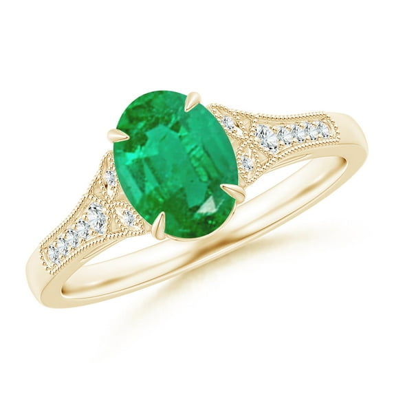 Angara Natural 1.1 Ct. Emerald with Diamond Vintage Inspired Ring in 14K Yellow Gold for Women (Ring Size: 3.5)