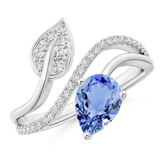 ANGARA Natural 1.1 ct Tanzanite and Diamond Bypass Ring with Leaf Motif in 14K White Gold for Women (Size-8x6mm) | December Birthstone, Anniversary, Jewelry Gift for Women | Natural Tanzanite Ring