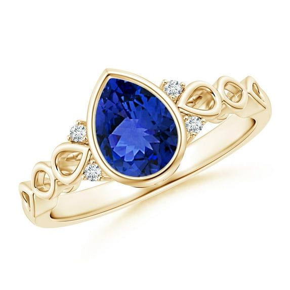 ANGARA Natural Bezel Set Vintage Pear 1.1 ct Tanzanite Ring with Diamonds in 14K Yellow Gold for Women (Size-8x6mm) | December Birthstone, Anniversary, Jewelry Gift for Women | Natural Tanzanite Ring