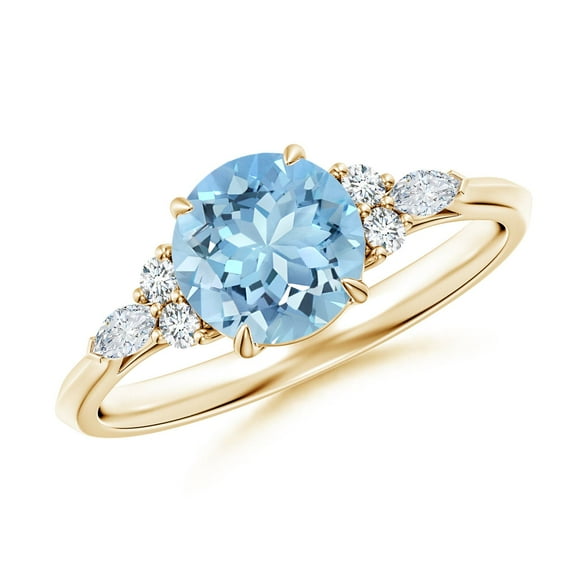 ANGARA Natural Round 1.12 ct Aquamarine Engagement Ring with Diamonds in 14K Yellow Gold for Women (Size-7mm) | March Birthstone, Anniversary, Jewelry Gift for Women | Natural Aquamarine Ring